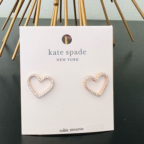 KATE SPADE NEW YORK Pave‎ Heart Stud Earrings, Rose Gold/Diamond Crystal, NWT - Picture 12 of 13